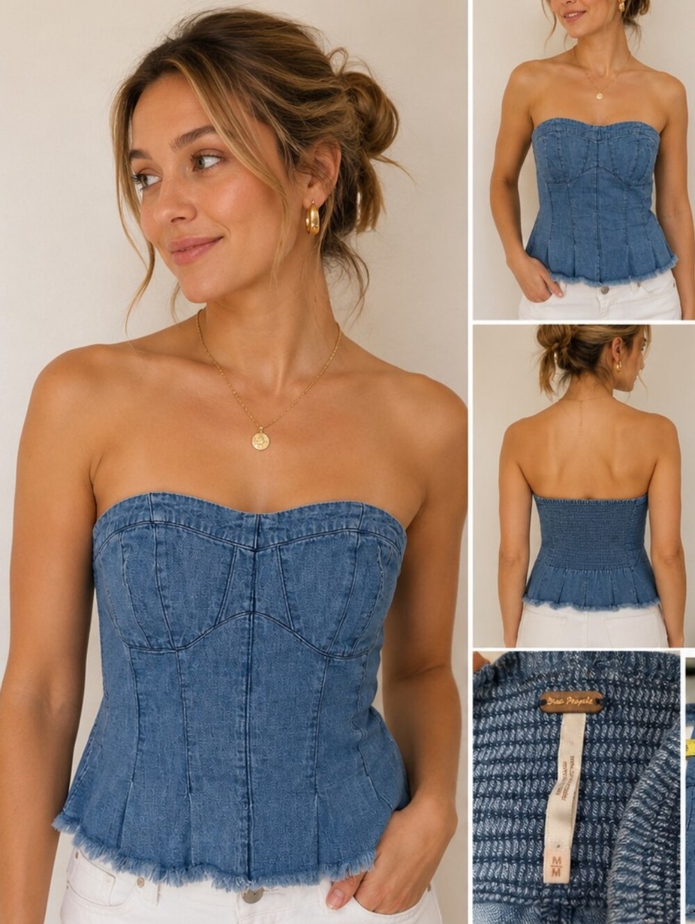 Free People Better Days Tube Top Corset Blue Denim with Frayed Hem Medium M